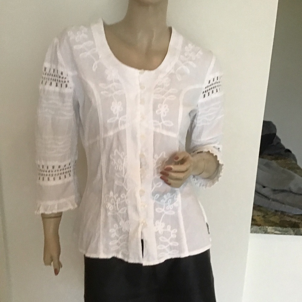 Scully Western Peru Cotton White Lace Embroidered Cowgirl Shirt Blouse S 4‎ 6